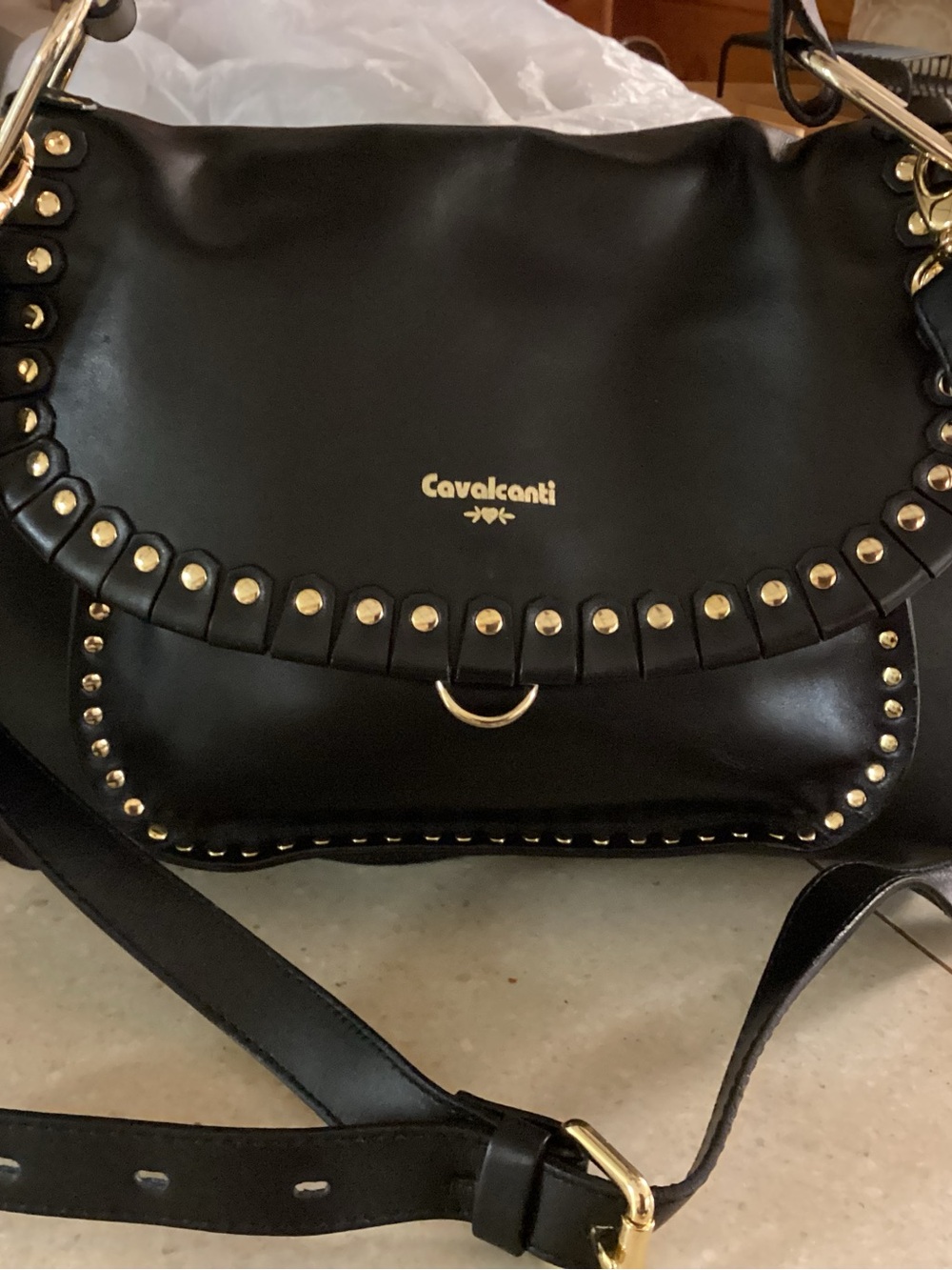 Cavalcanti Black Studded Leather Shoulder Bag with Gold Hardware